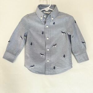 JANIE AND JACK NWT Embroidered Oxford Shirt Trees Huskies Shy Blue - Size 12-18M